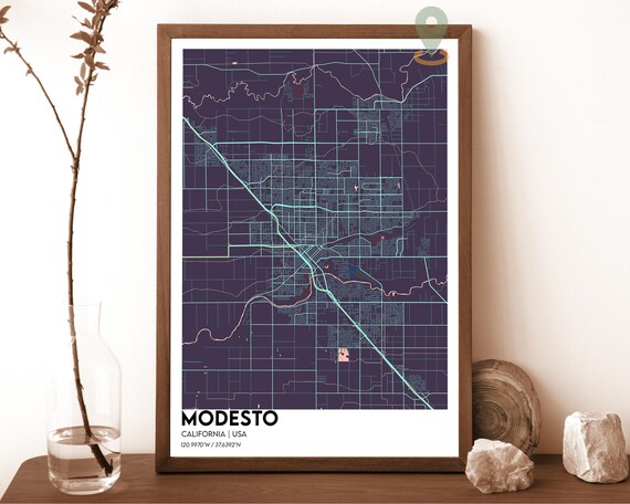 Modesto California midnight blue with teal street lines Street Map Coordinates Poster
