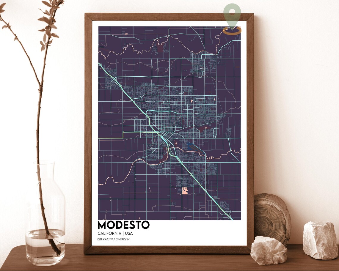 Modesto California midnight blue with teal street lines Street Map Coordinates Poster