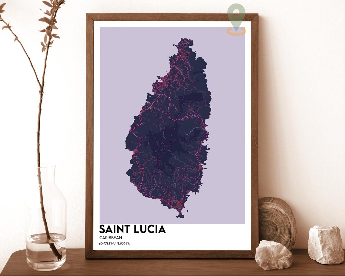 Saint Lucia Caribbean Navy Island Map Poster on Mustard Yellow - Image 2
