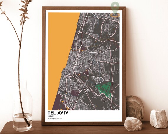 Tel Aviv Israel Coastal Downtown City Grid Gray Map Art Poster