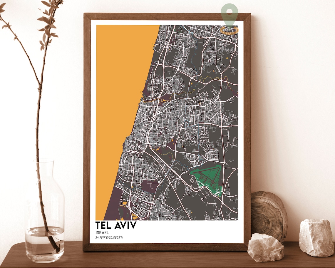 Tel Aviv Israel Coastal Downtown City Grid Gray Map Art Poster