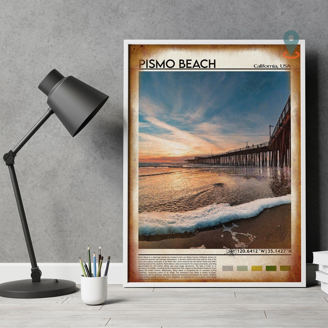 Pismo Beach California Pier Sunset Waves Painted Coastal Travel Poster - Image 4