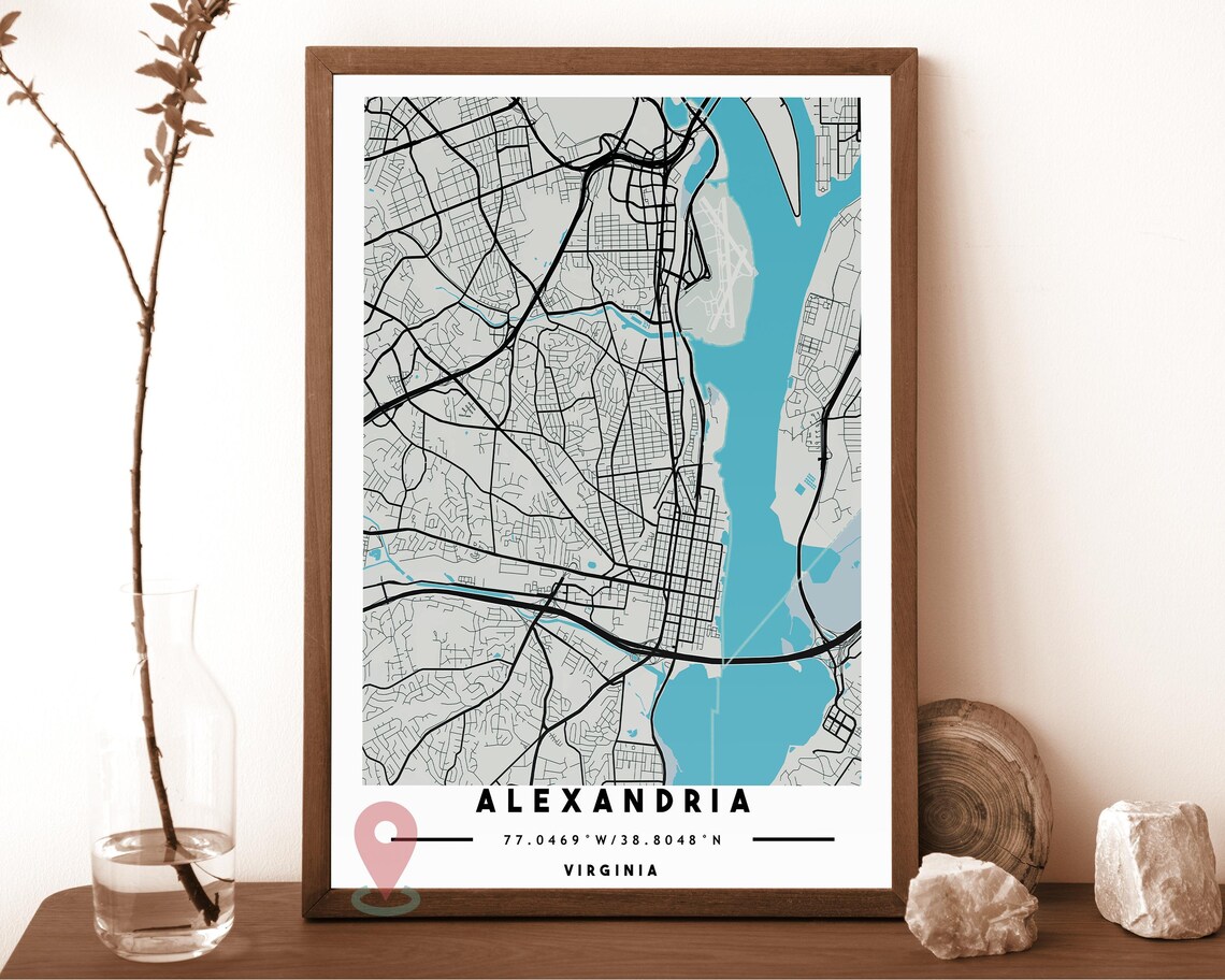 Alexandria Virginia charcoal with an orange river Street Map Coordinates Poster - Image 3