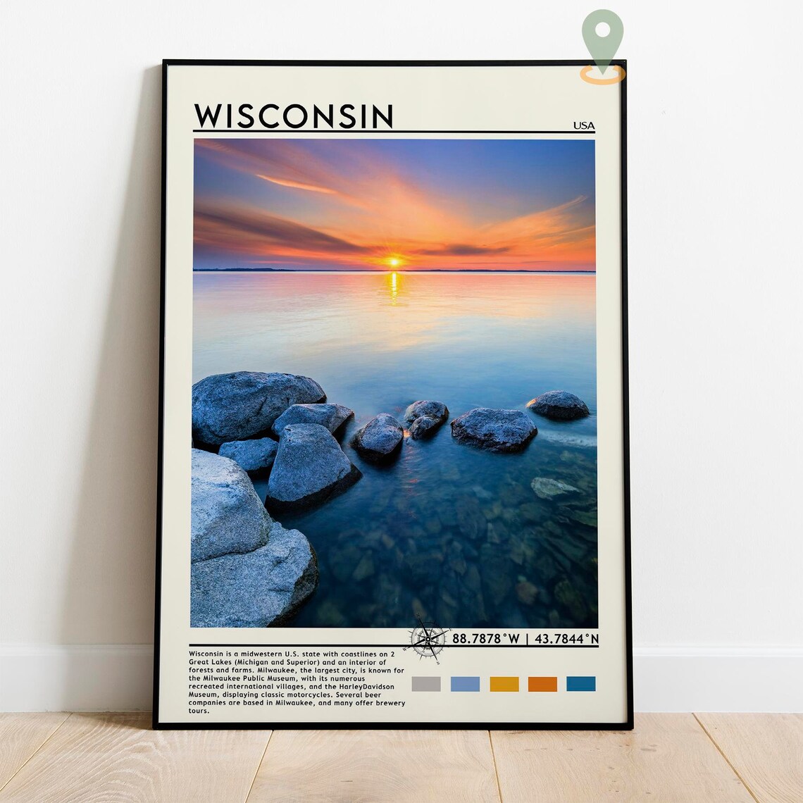 Wisconsin USA Serene Sunset Over Water Rocky Shore Travel Poster - Image 2
