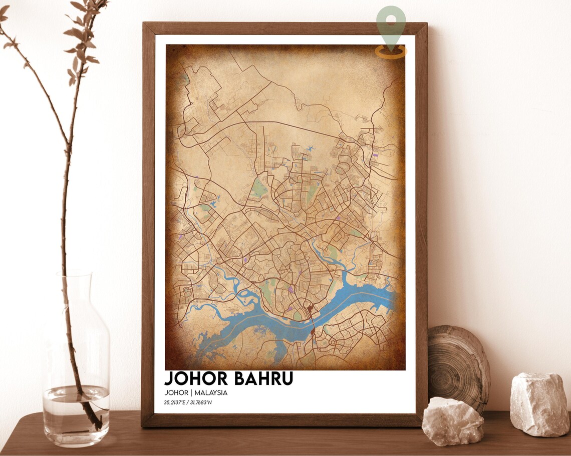 Johor Bahru Malaysia Cream Teal Minimalist City Map Wall Art - Image 6
