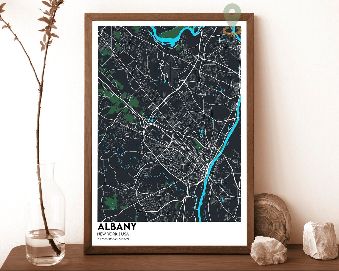 Albany New York Hudson River Dark Blue City Street Map Poster - Image 2