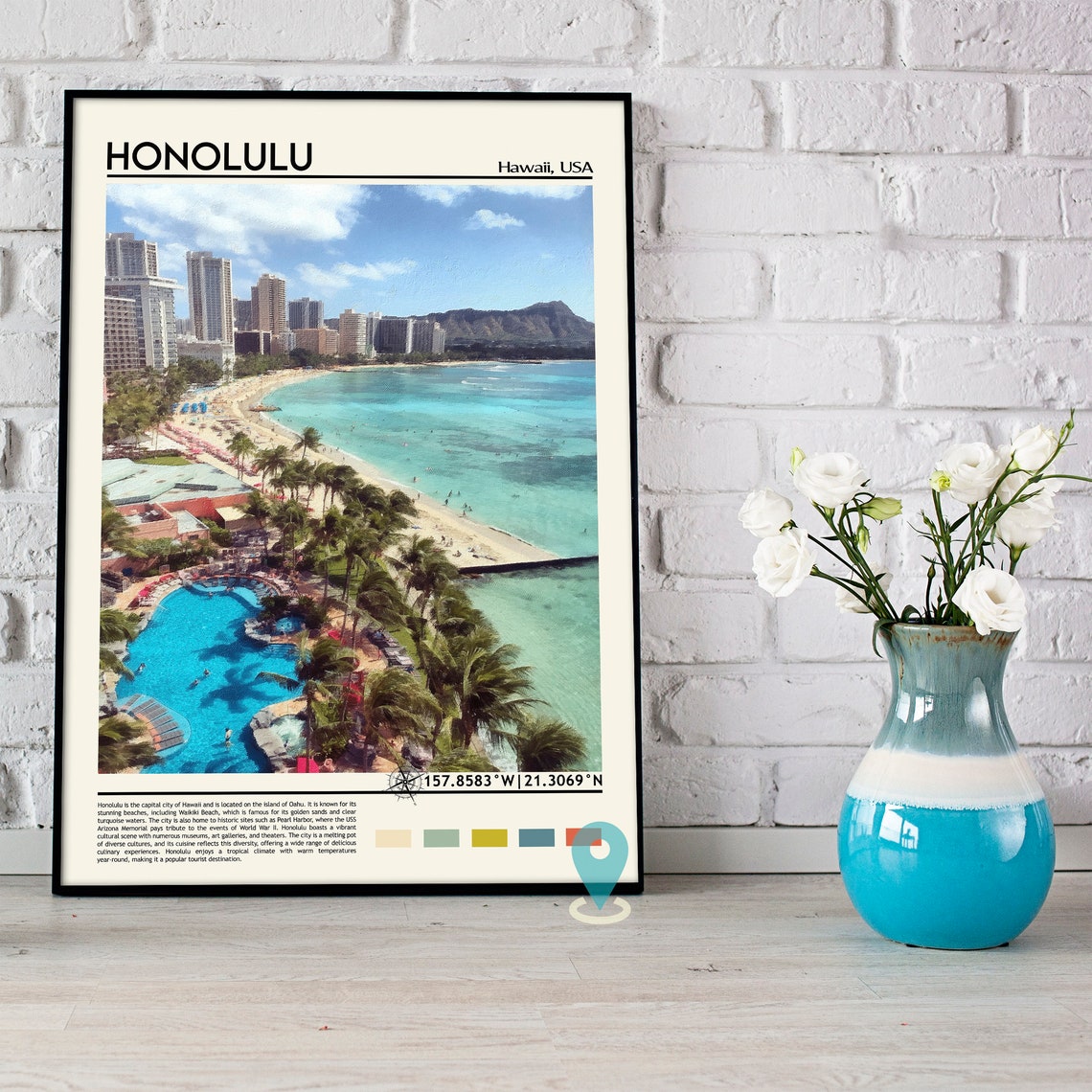 Honolulu Hawaii Waikiki Beach Diamond Head Travel Poster Surf - Image 5