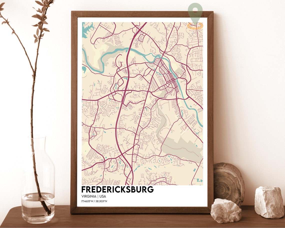 Fredericksburg Virginia Maroon Cream River City Map Home Decor Poster