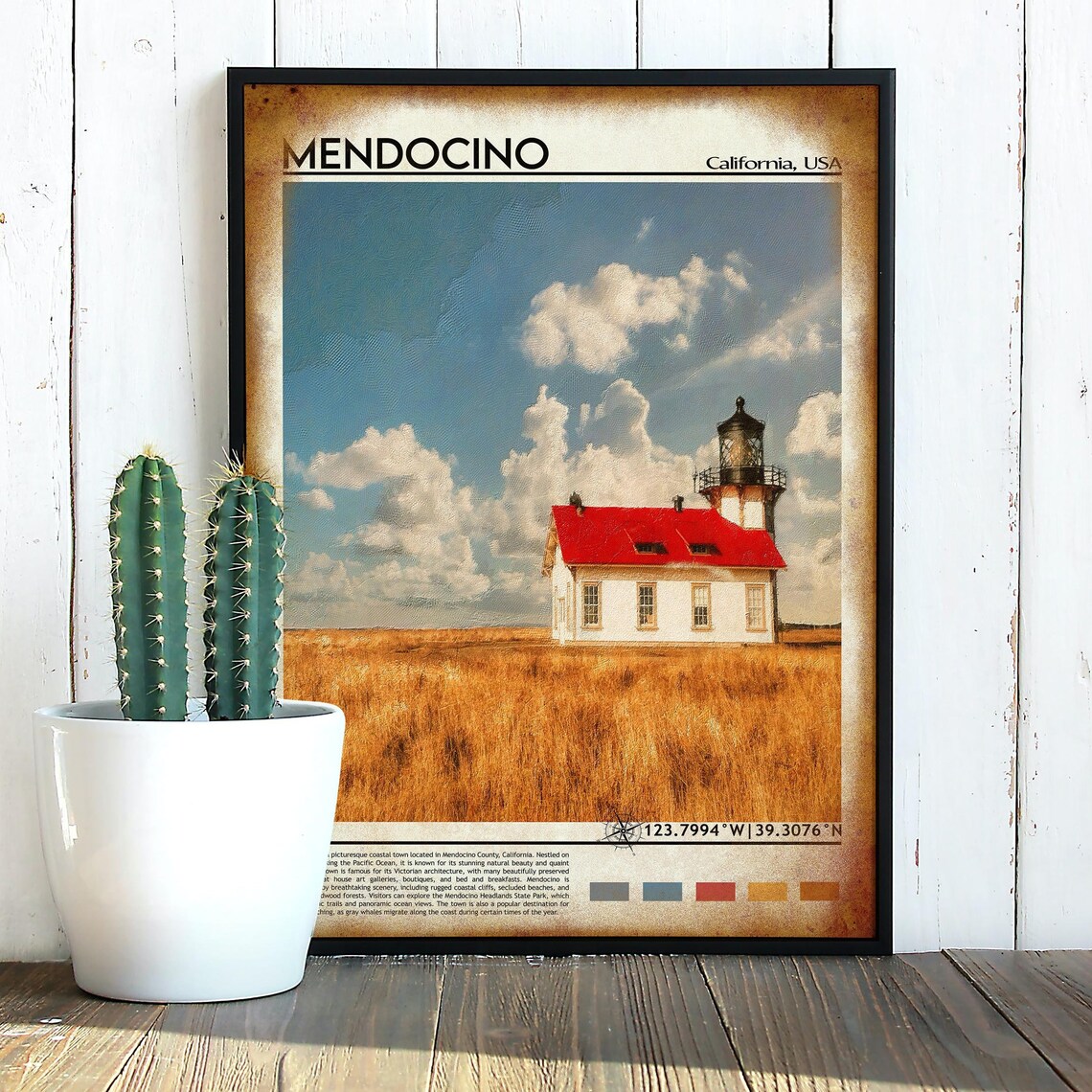 Mendocino California Red Roof Lighthouse Coastal Travel Poster - Image 3