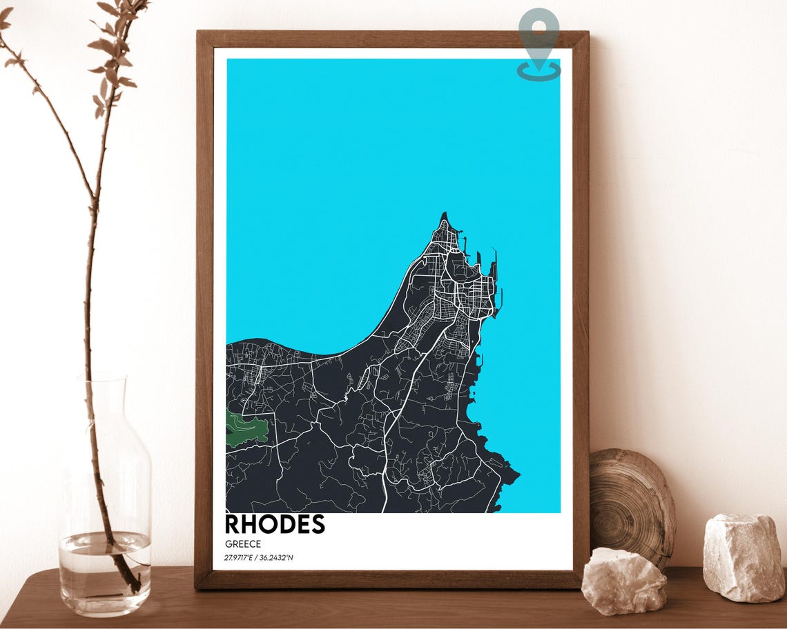 Rhodes Greece Coastal Turquoise Blue City Map Home Decor Poster