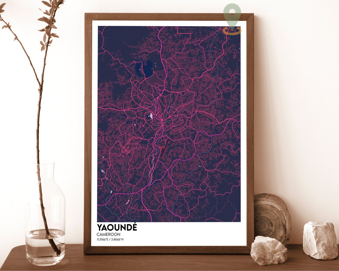 Yaounde Cameroon Striking Rose Red Modern City Map Art Poster - Image 2