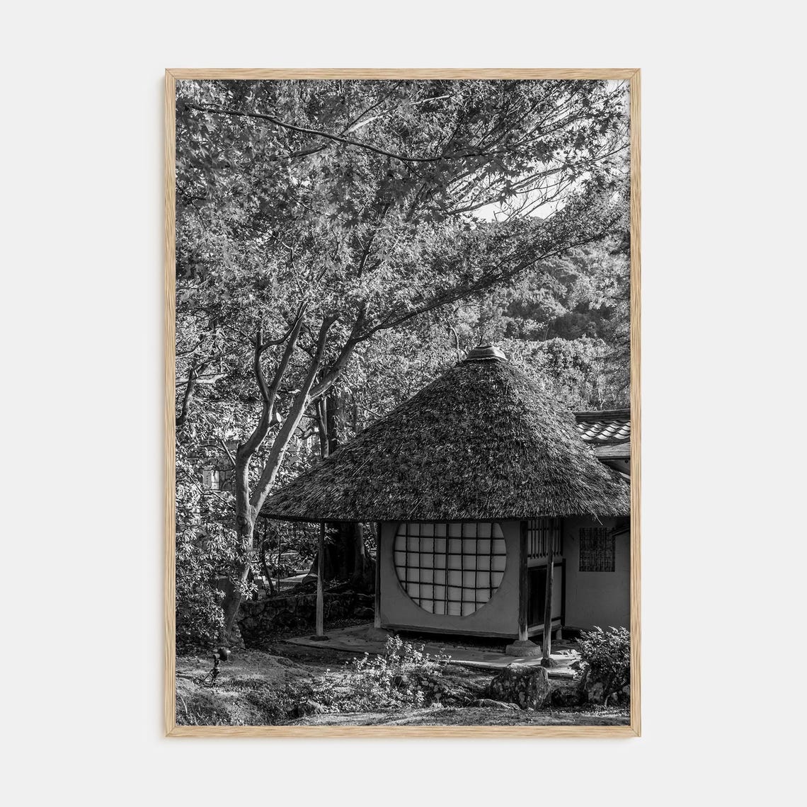 Thatched Japanese Tea House in Forest Black and White Art Poster