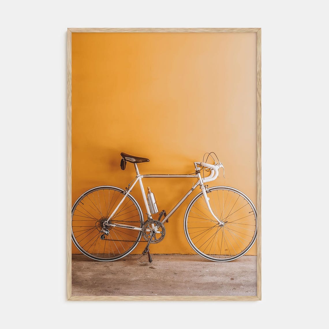 Vintage Silver Road Bike Leaning on Mustard Yellow Wall Poster