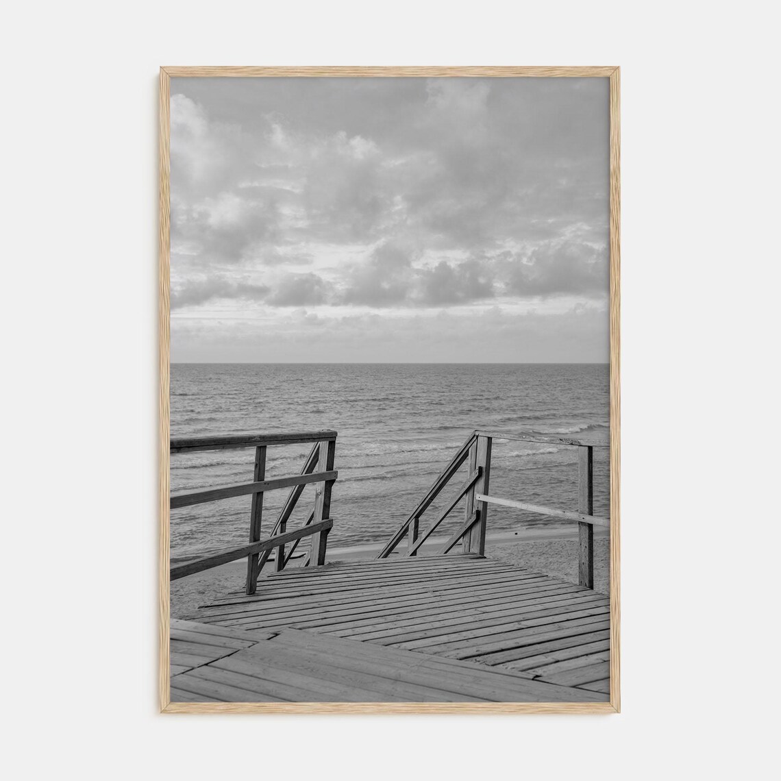 Wooden Beach Staircase to Ocean Black and White Coastal Poster