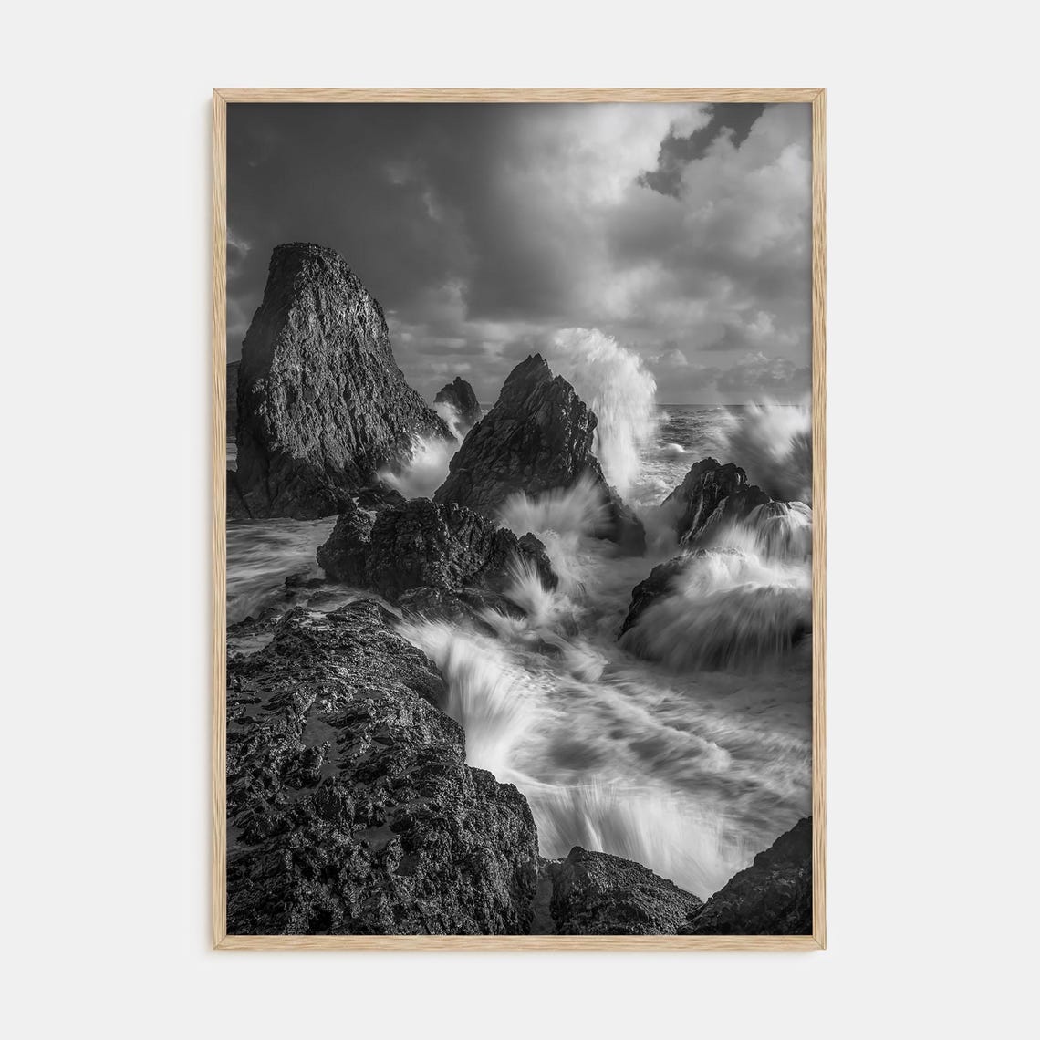 Storm Waves Sea Stacks Poster Black White Long Exposure Photo Art