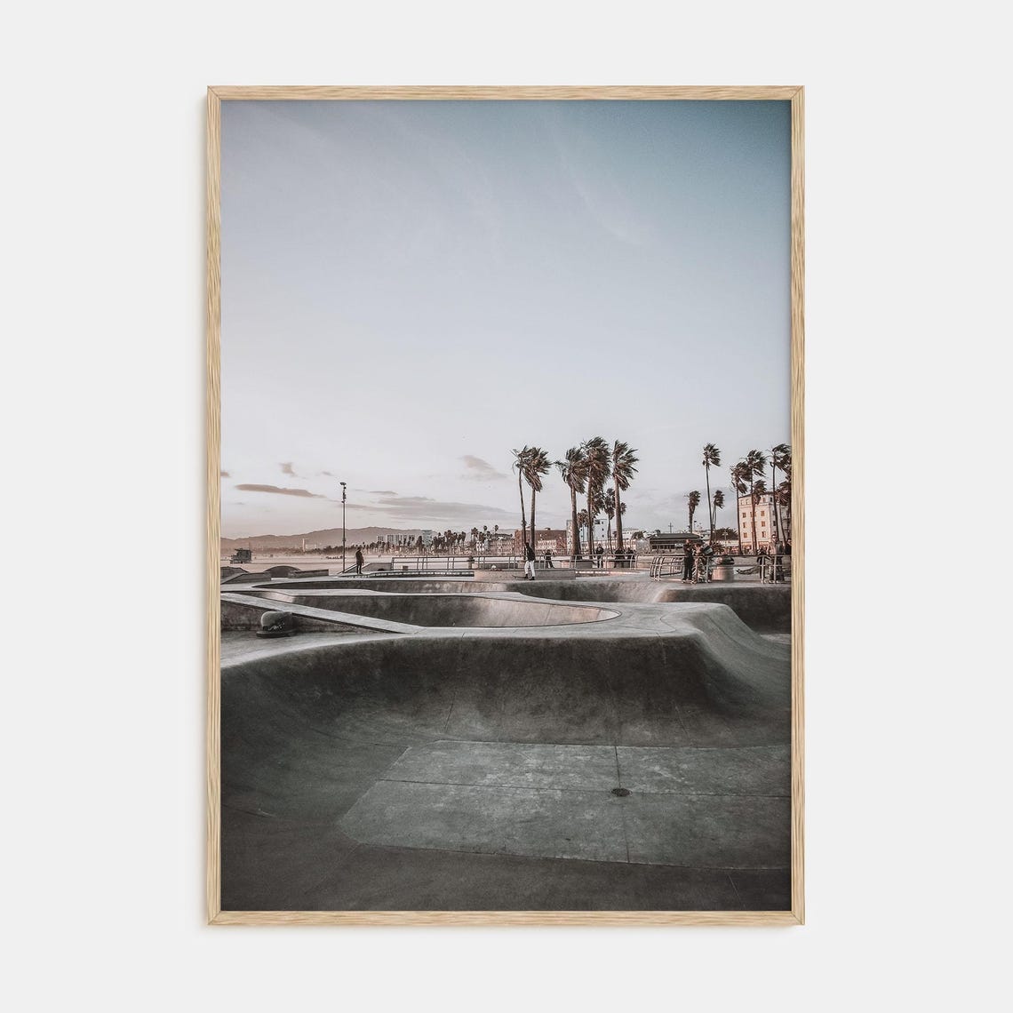 Desaturated Beachfront Skatepark Bowls Under Tall Palm Trees Poster