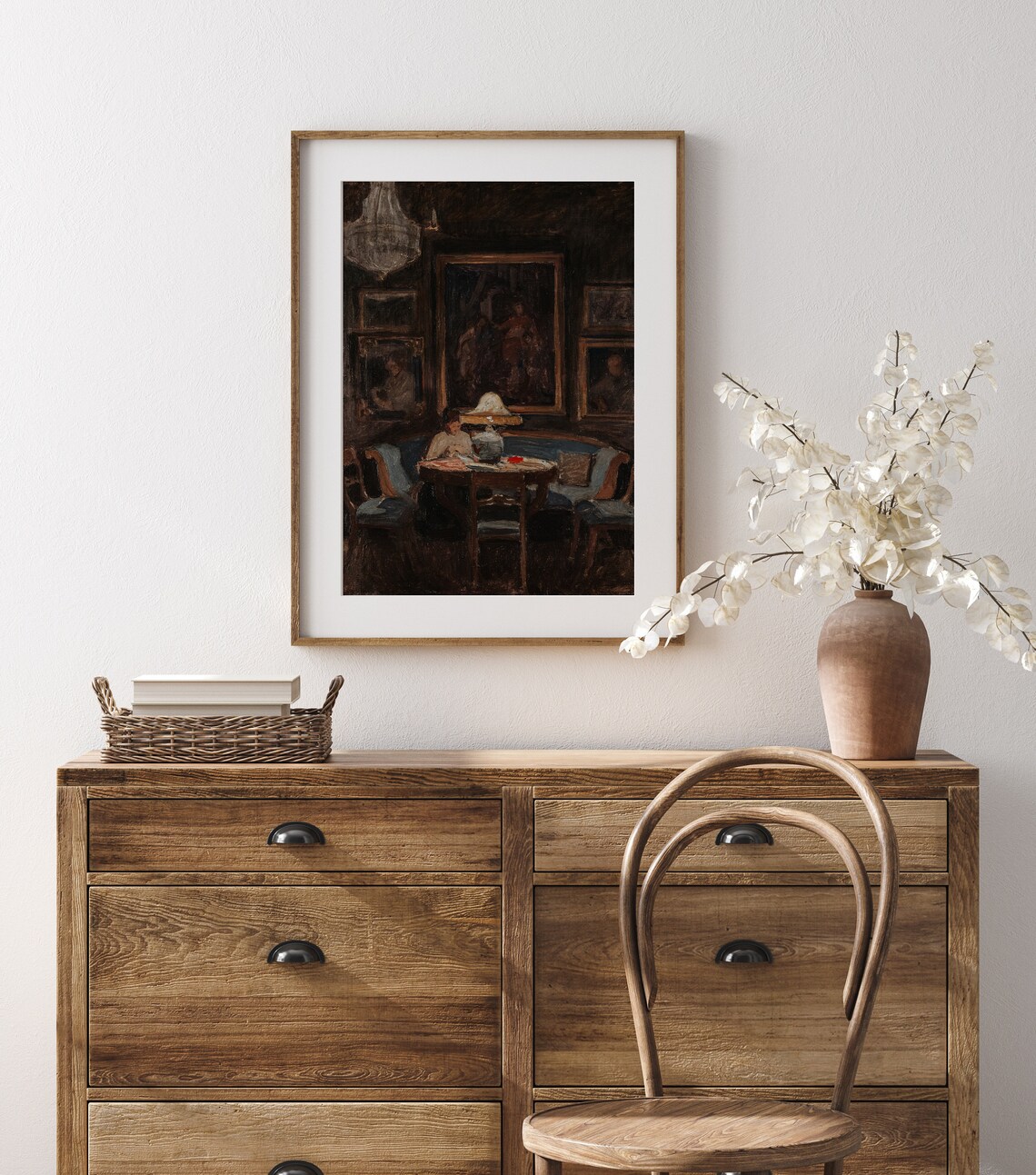 Moody Lamplit Interior Woman Reading Vintage Dark Academia Oil Painting Print - Image 3