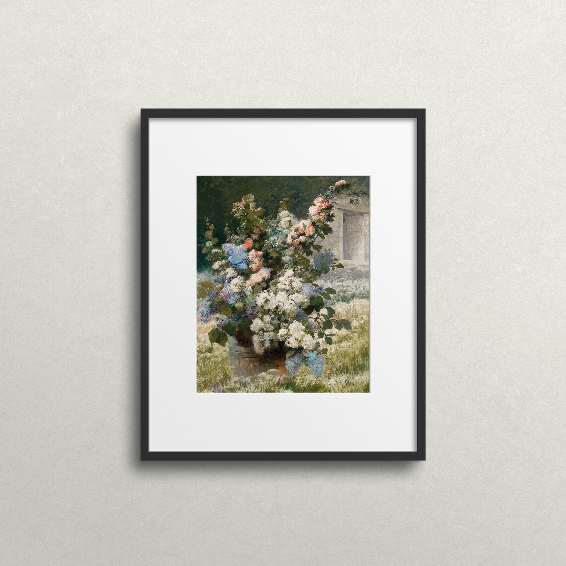 Lilac Blossoms in Wooden Bucket Vintage Garden Floral Art Print - Image 2