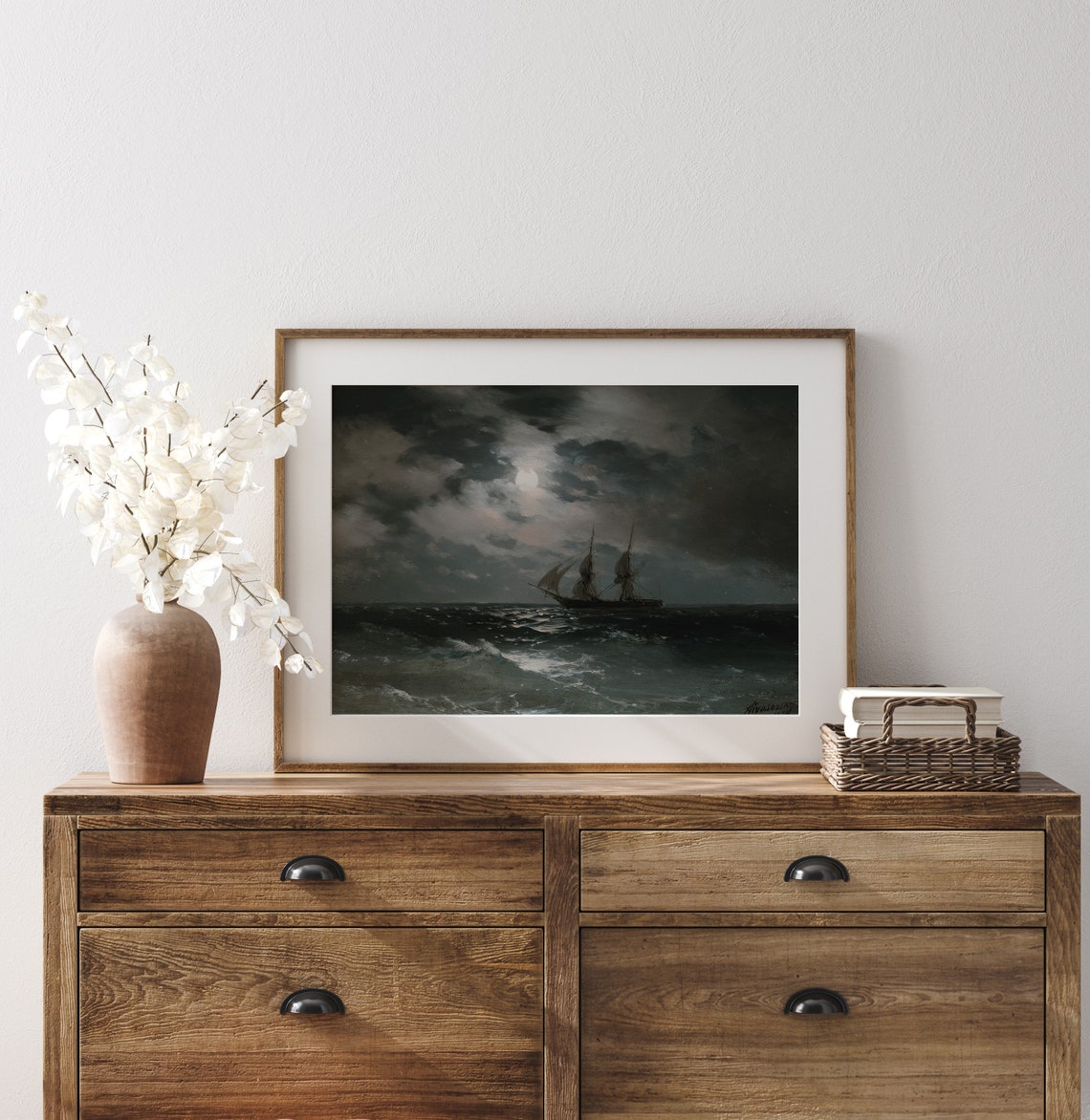 Moonlit Sailing Ship Stormy Night Sea Dramatic Vintage Art Print - Image 2