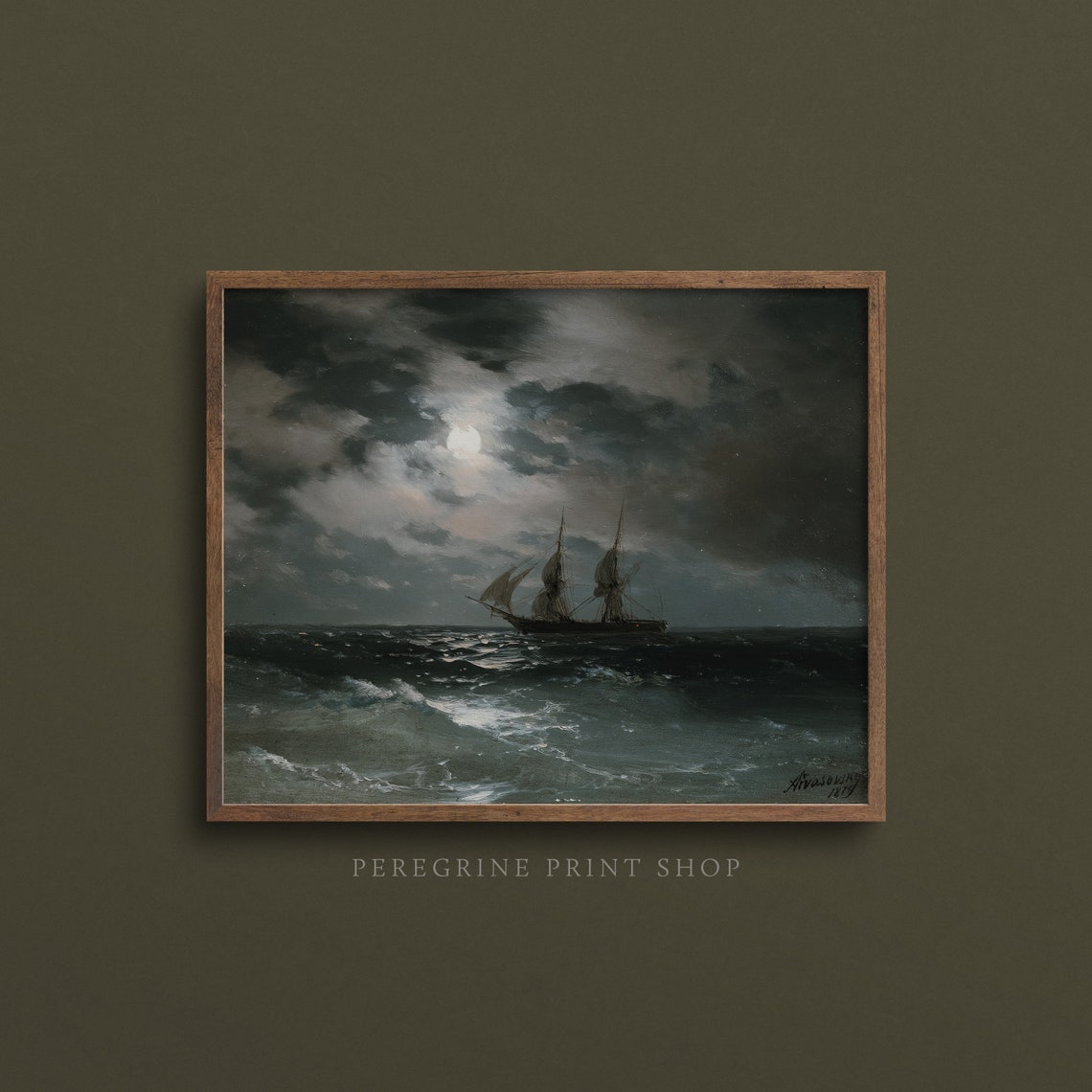 Moonlit Sailing Ship Stormy Night Sea Dramatic Vintage Art Print - Image 3
