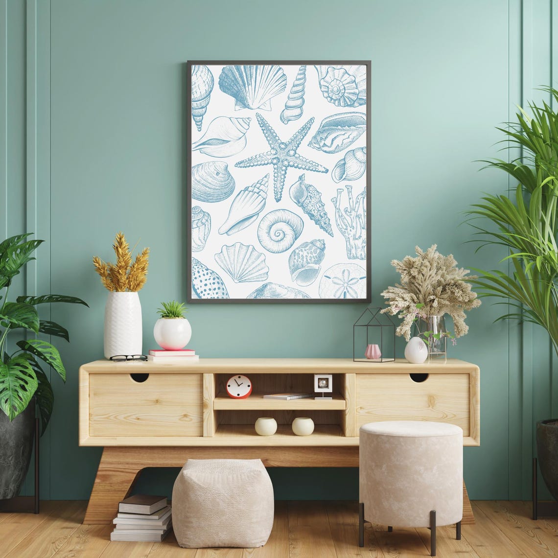 Blue Line Art Seashells Starfish Coral Vintage Coastal Beach Poster - Image 4
