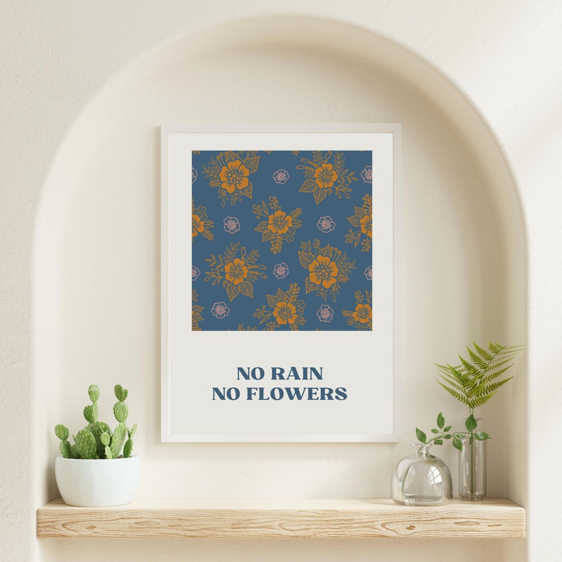No Rain No Flowers Quote Navy Gold Floral Pattern Encouragement Poster - Image 3