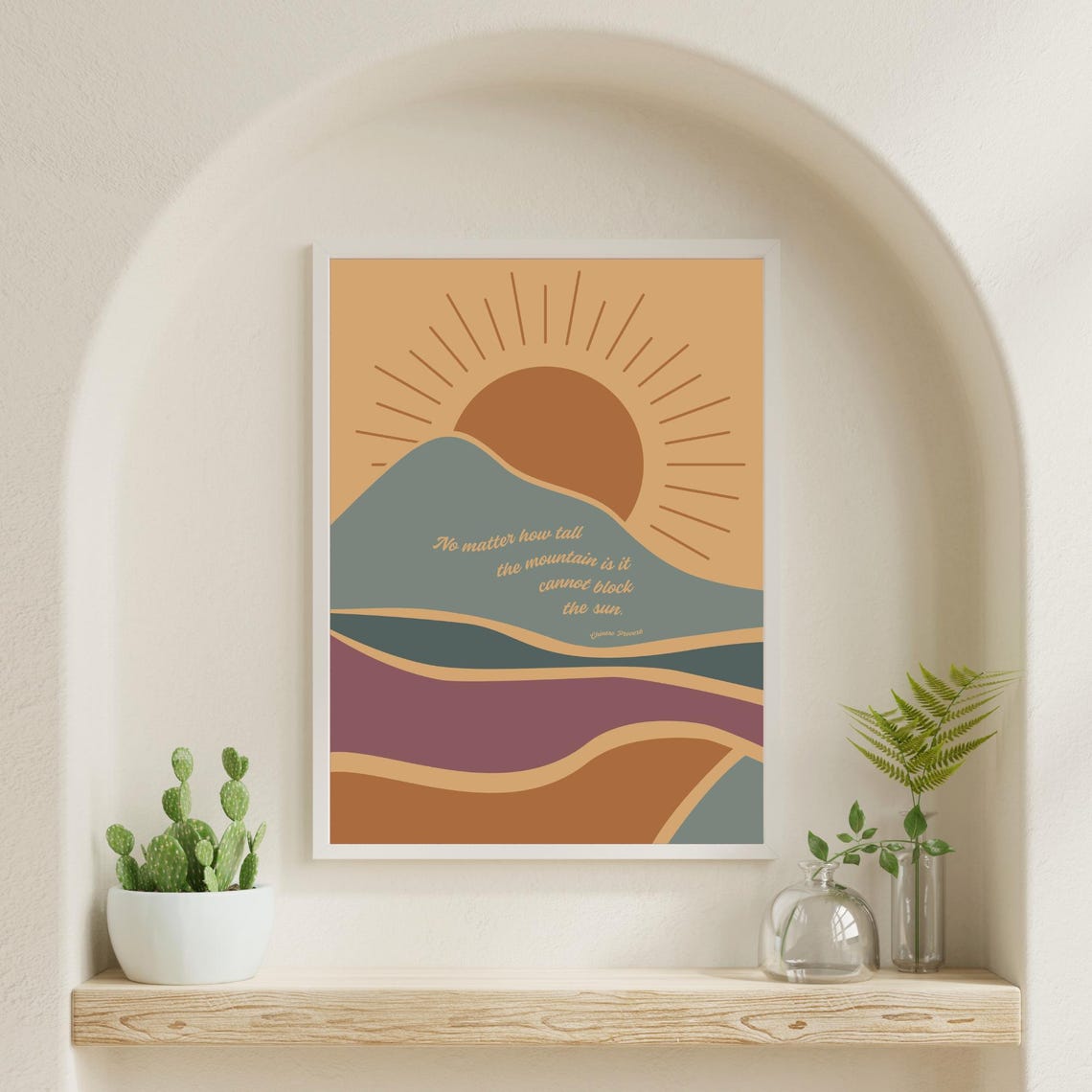 Boho Mountain Sun Quote No Matter How Tall Retro Landscape Poster - Image 3