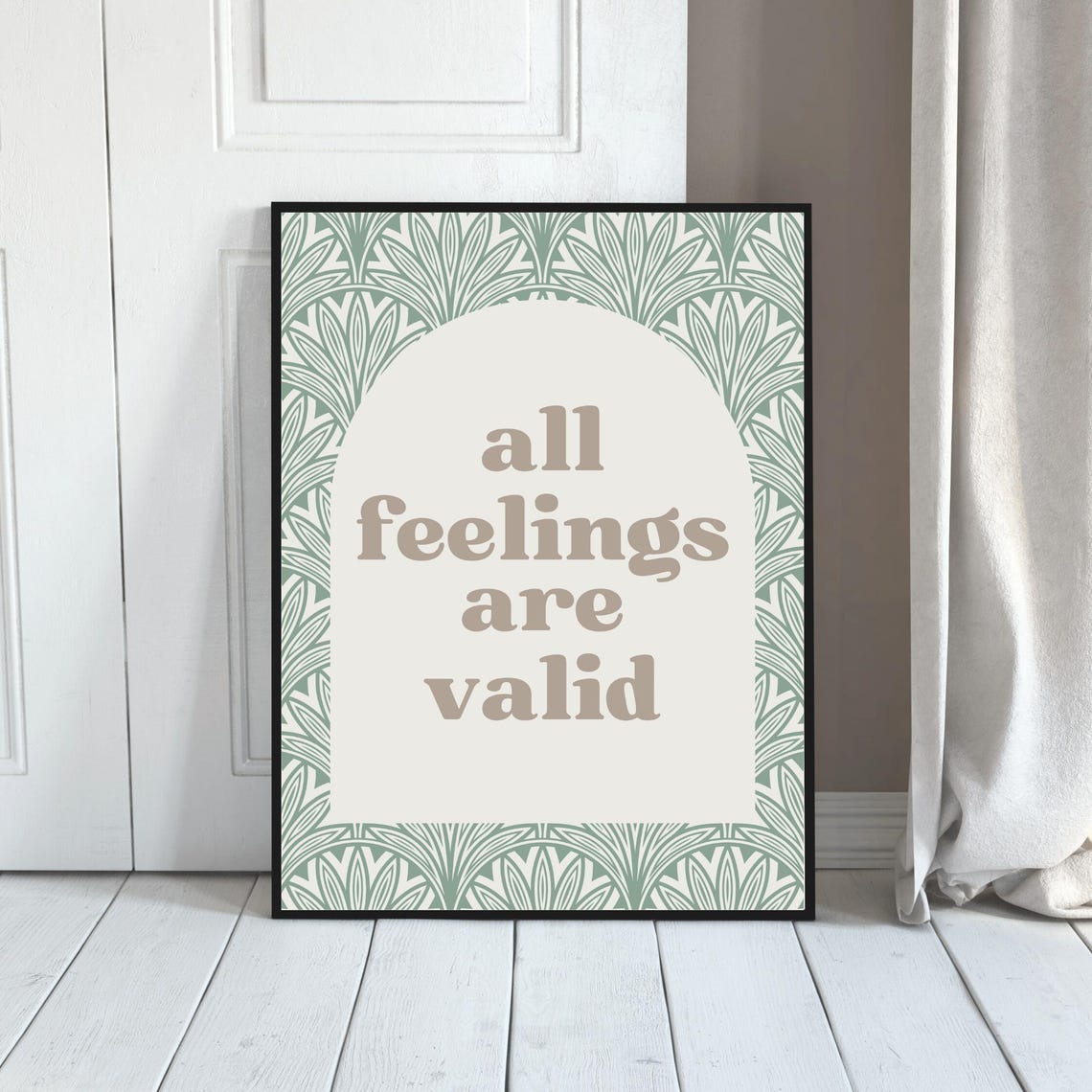All Feelings Are Valid Mental Health Quote Sage Leaf Pattern Poster - Image 2