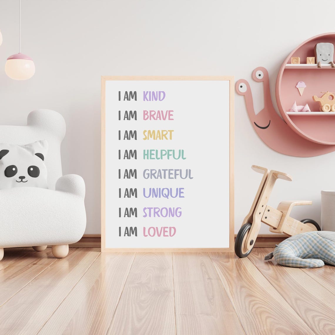Girls Positive Affirmations I Am Poster Kids Playroom Sign Inspirational Motivational Quote Play Room Decor Bedroom Wall Art Print - Image 4