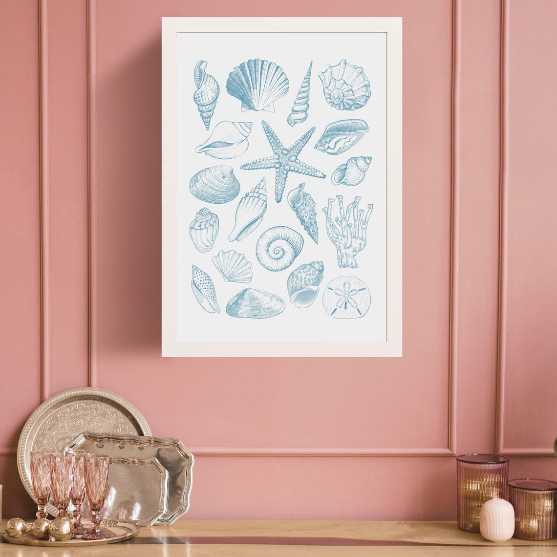 Blue Seashell Line Art Starfish Sand Dollar Coastal Sketch Poster - Image 4