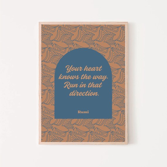 Rumi Your Heart Knows the Way Quote Navy Orange Botanical Poster