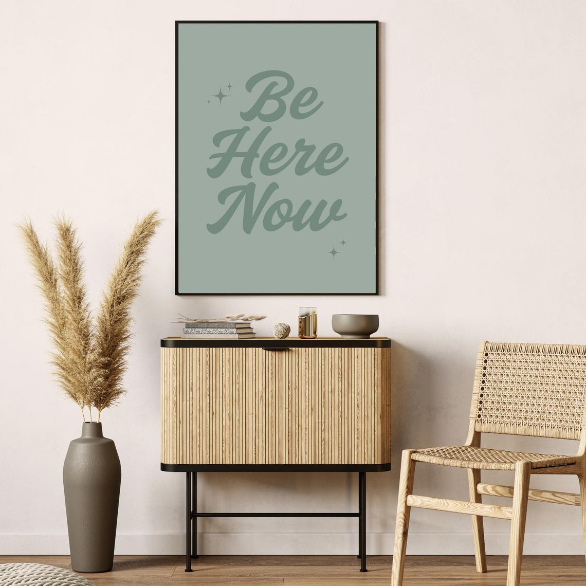 Be Here Now Mindfulness Quote Script Lettering Sage Green Poster - Image 2