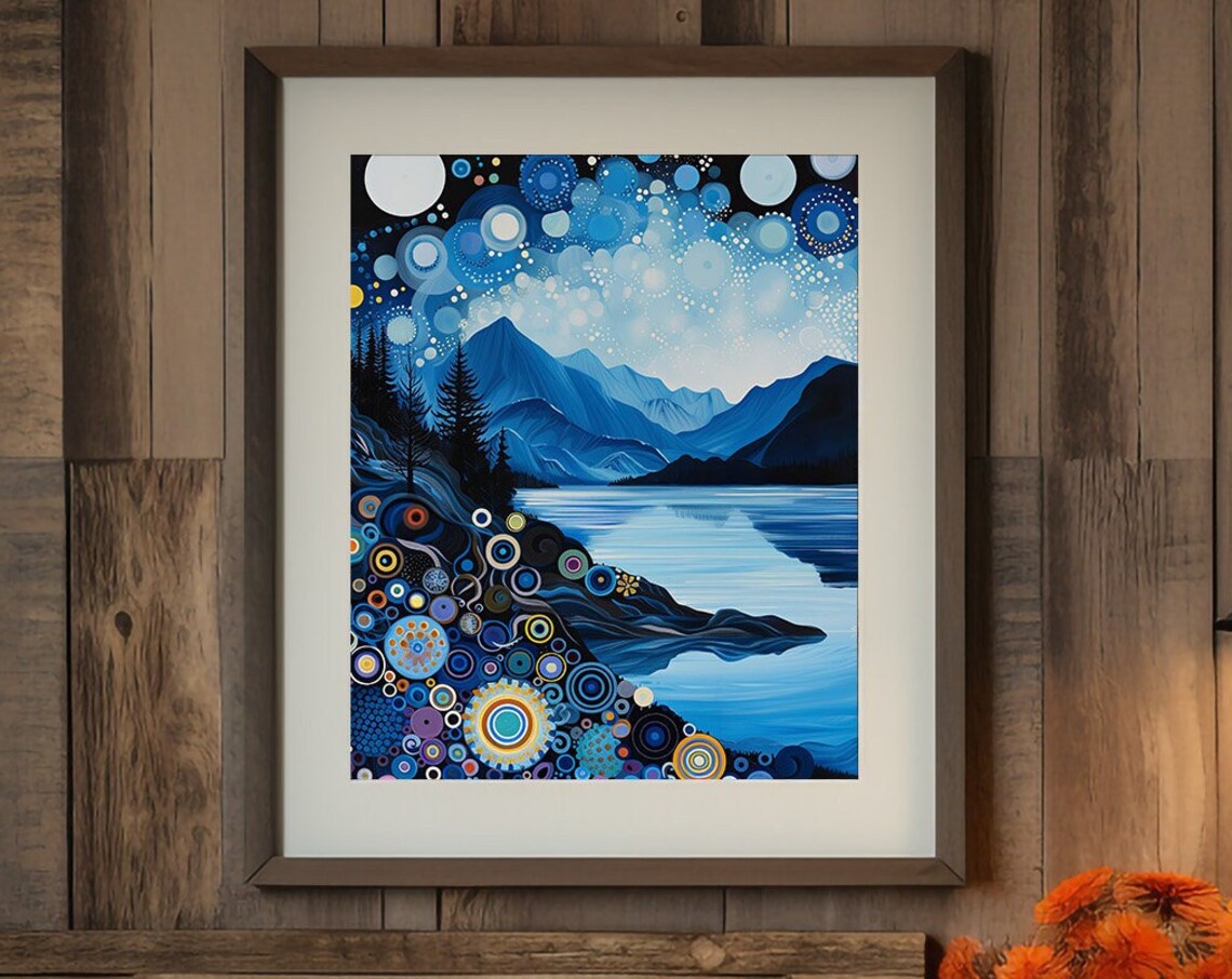 Night Sky Mountain Landscape, Abstract Celestial River Art Print