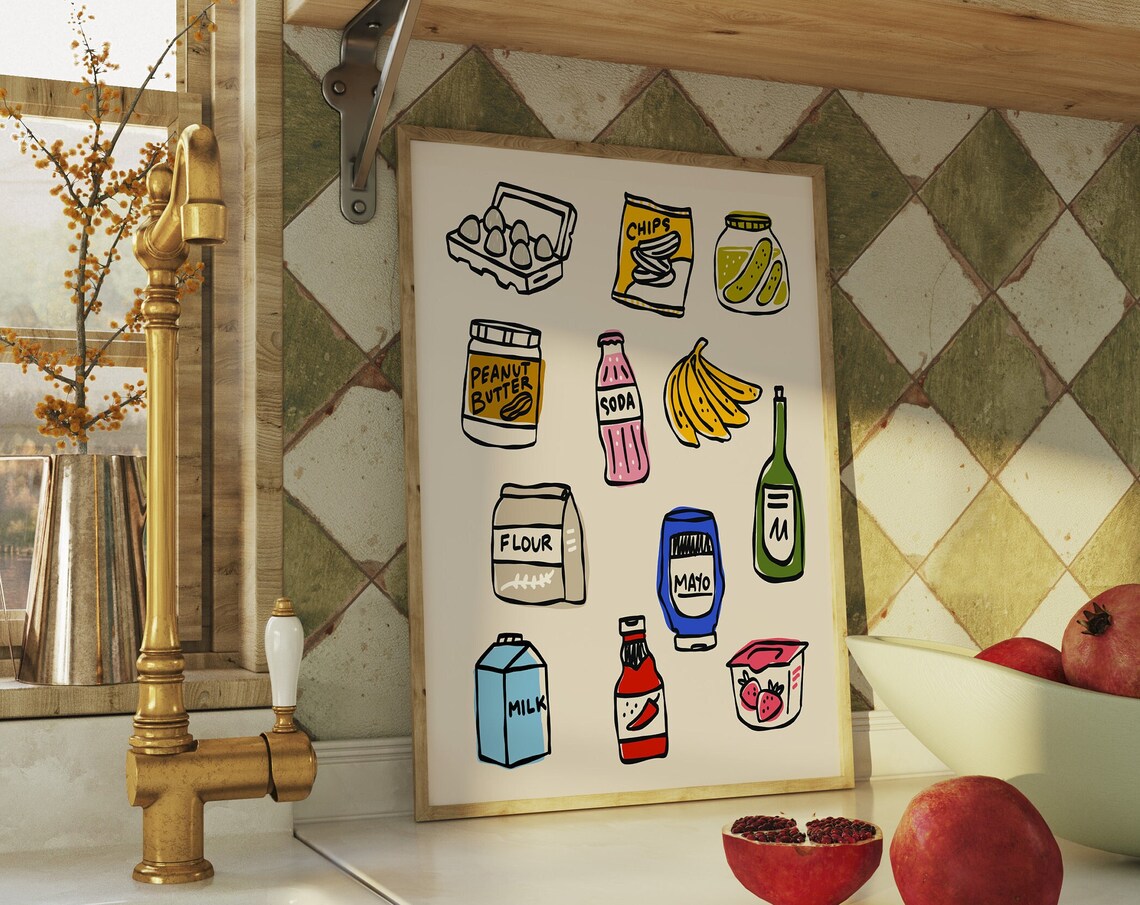 Grocery Doodle Icons Hand Drawn Colorful Kitchen Pantry Art Poster
