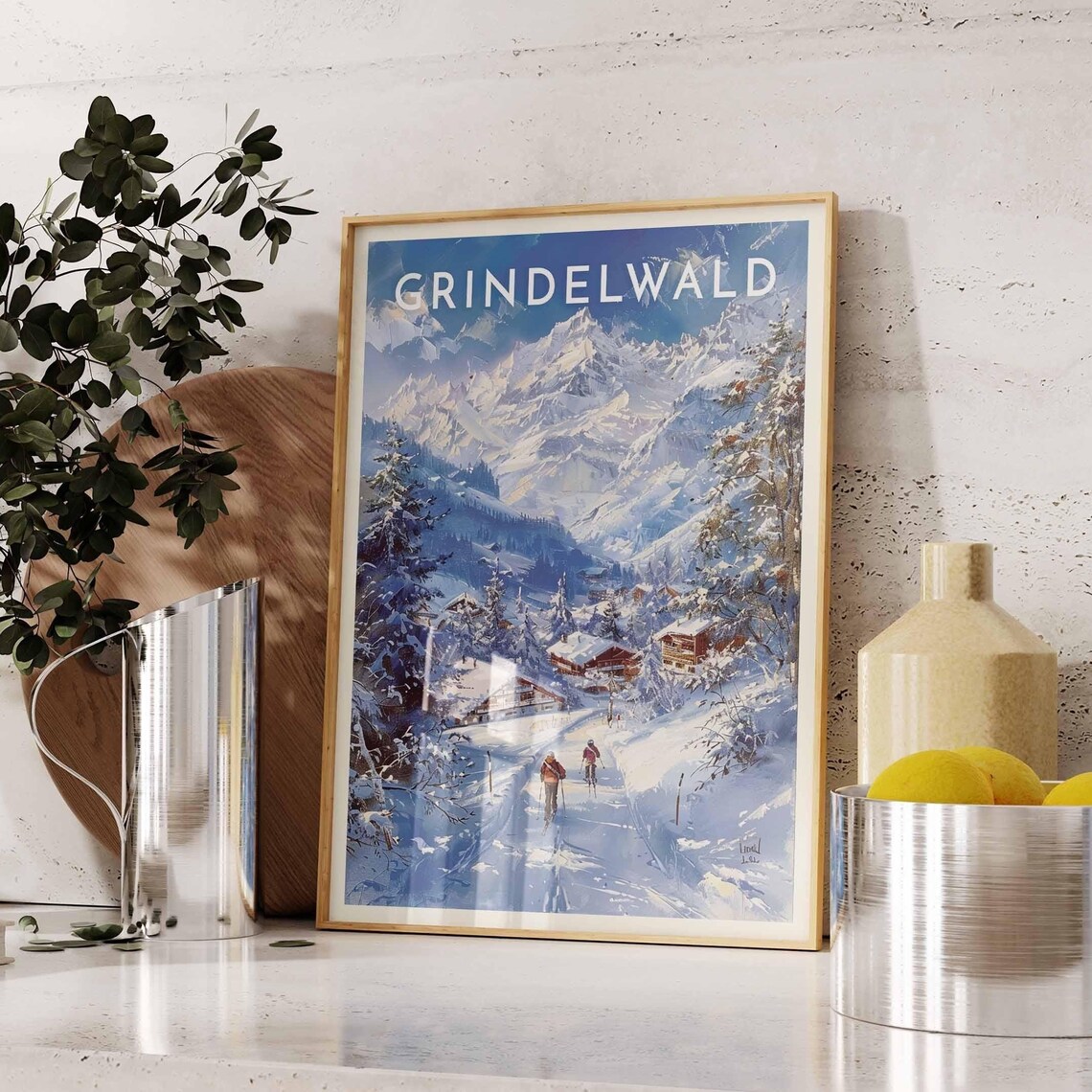 Grindelwald Alpine Winter Skiers Snow Path Village Peaks Poster