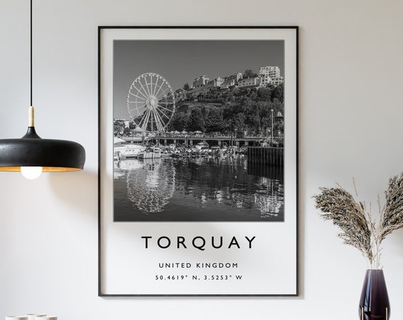 Torquay English Coast Travel Poster, Black and White