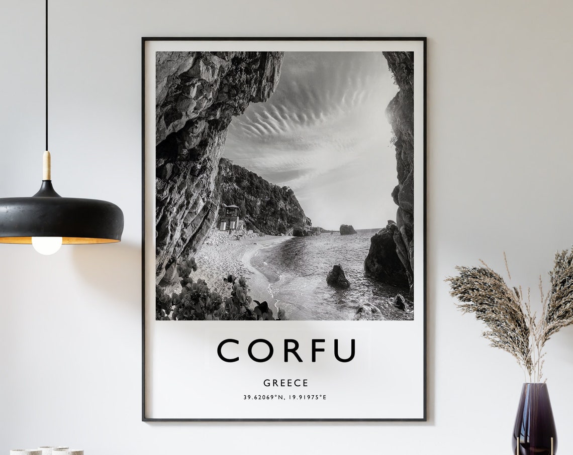 Corfu Greece Dramatic Rocky Cove Beach Black and White Poster