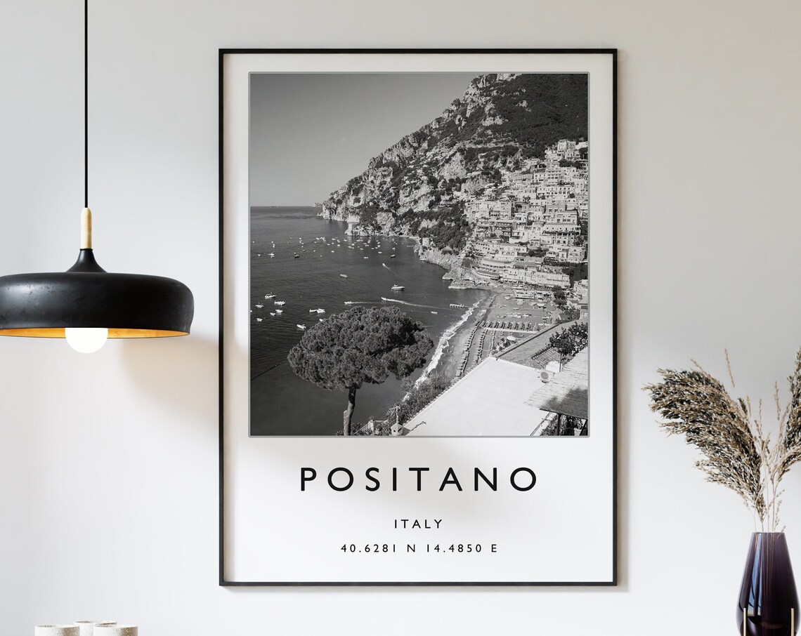 Positano Travel Poster, Black And White Italy Art Print