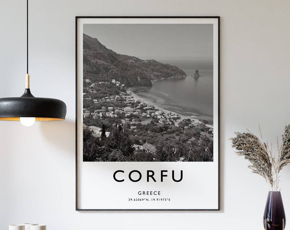 Corfu Greece Black White Coastal Town Minimalist Photo Poster