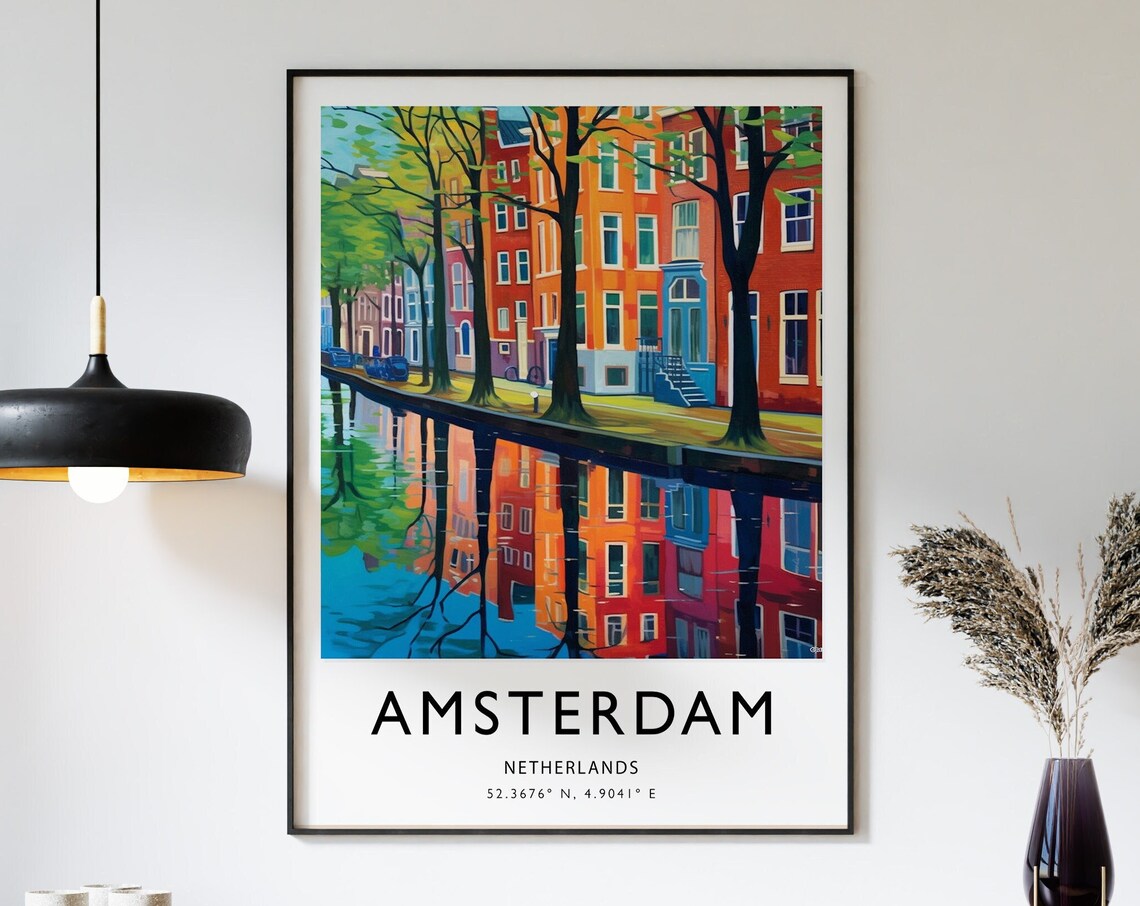 Amsterdam Netherlands Canal Reflections Colorful City Art Poster