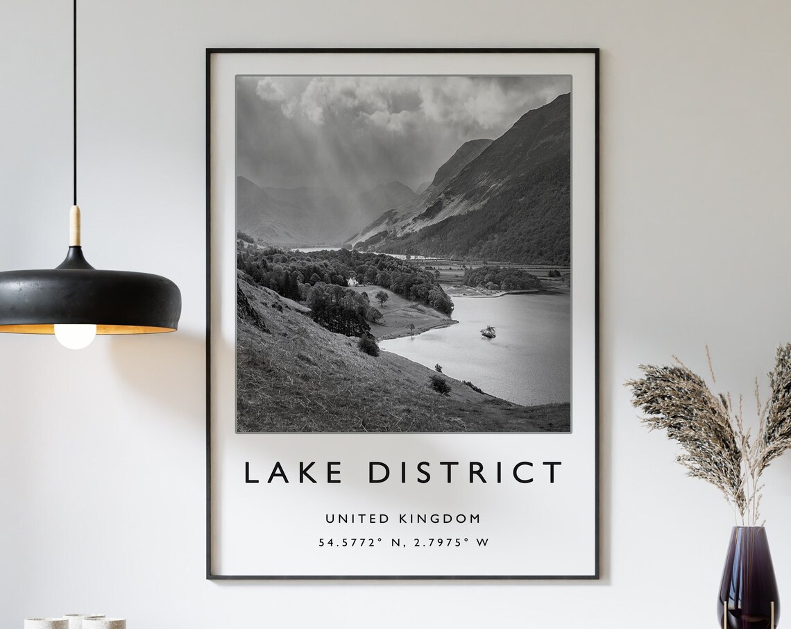 Lake District Travel Poster, Black and White Landscape