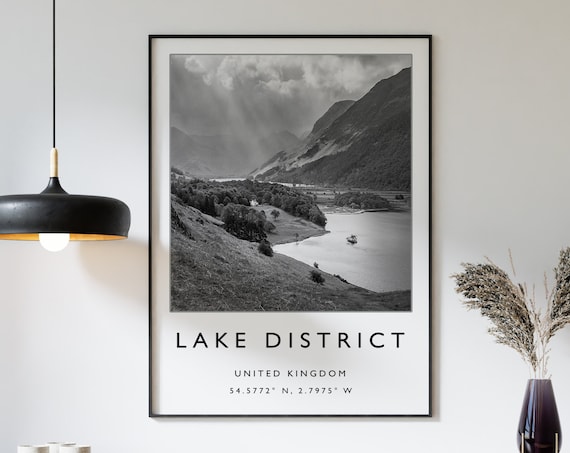 Lake District Travel Poster, Black and White Landscape