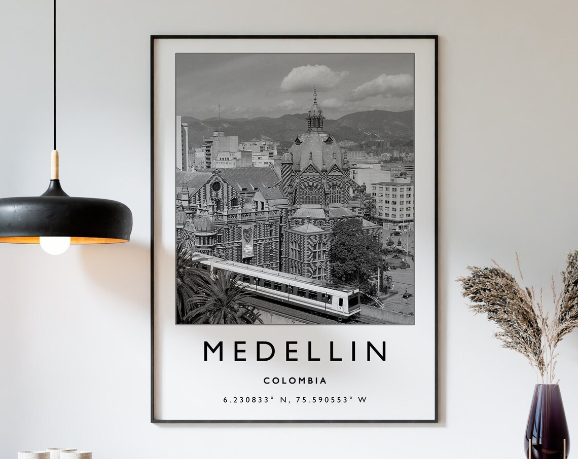 Medellin Colombia Travel Poster, Black And White Art Print