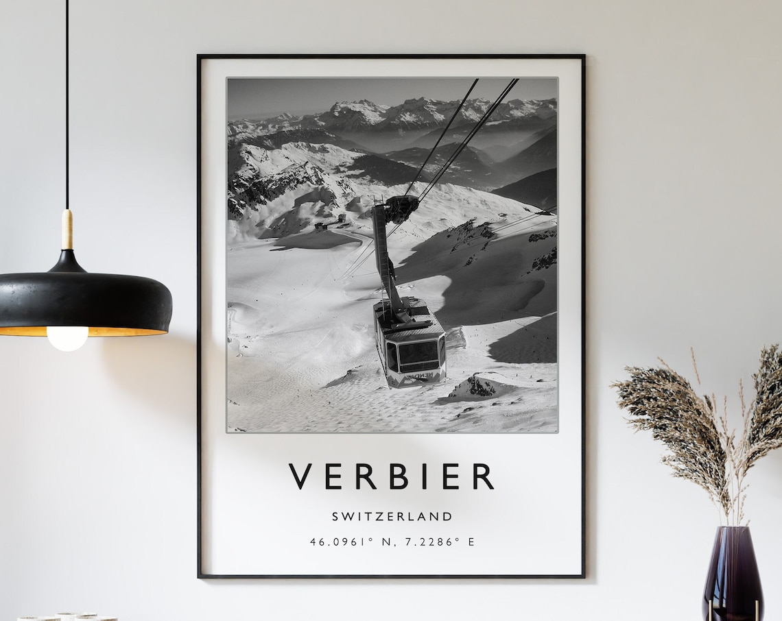 Verbier Switzerland Ski Resort Black and White Cable Car Travel Poster