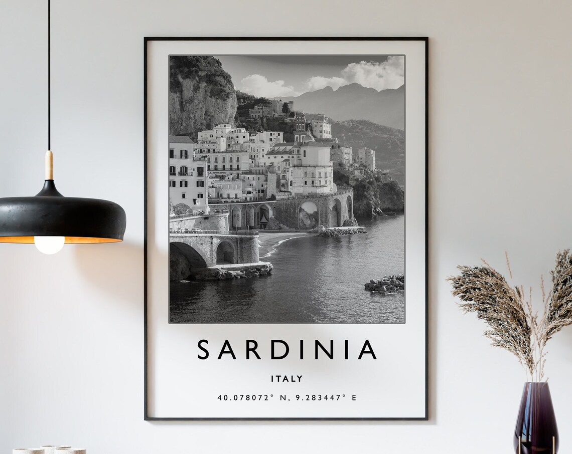 Sardinia Italy Cliffside Coastal Town Black White Photography Poster
