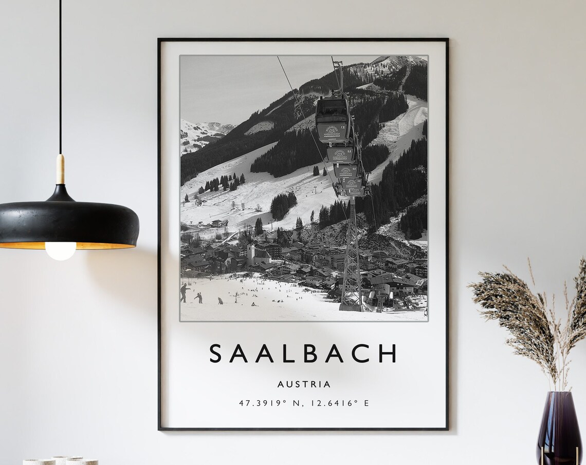 Saalbach Austria Skiing Travel Poster, Winter Sport
