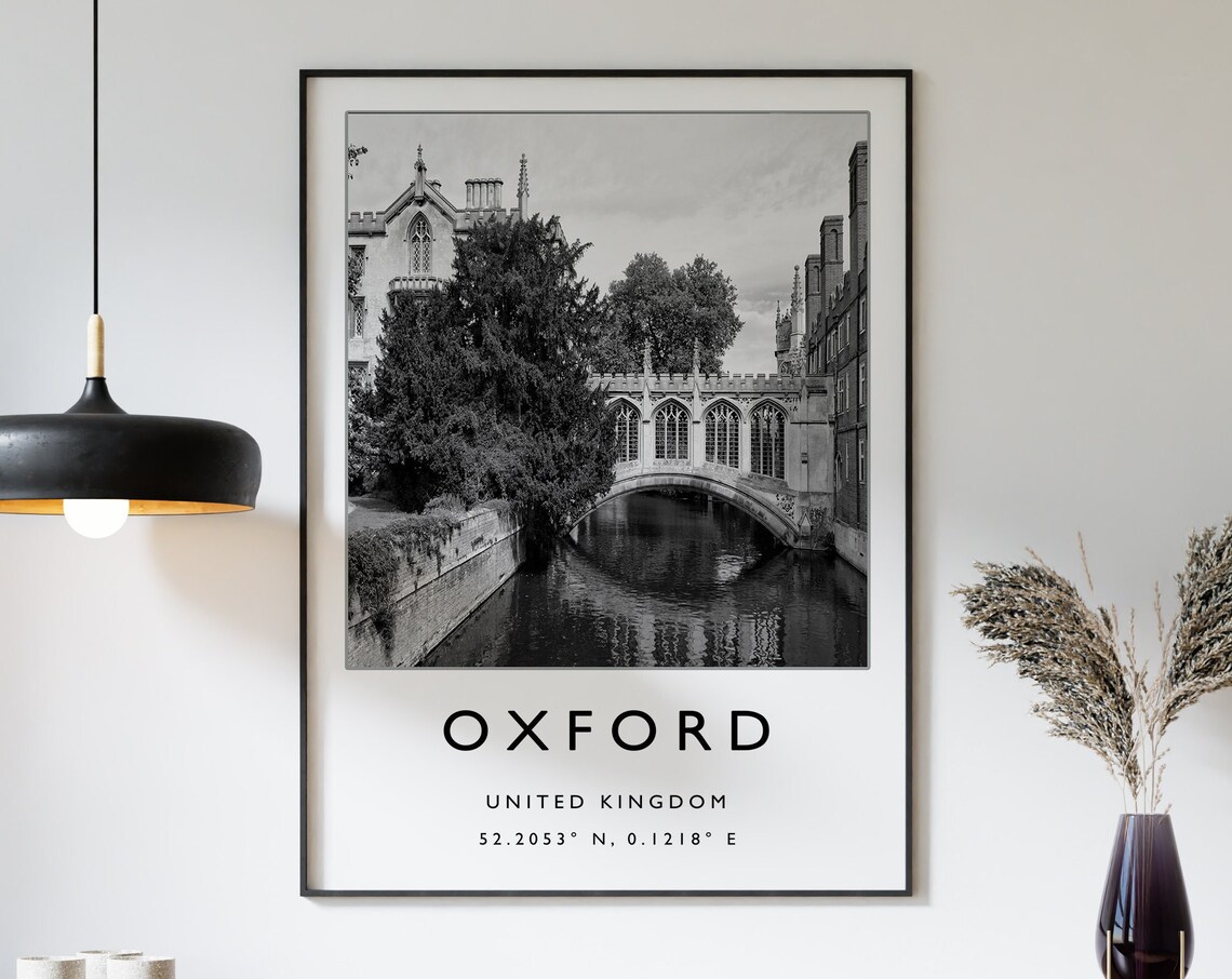 Oxford United Kingdom Black White Stone Bridge River Photo Poster