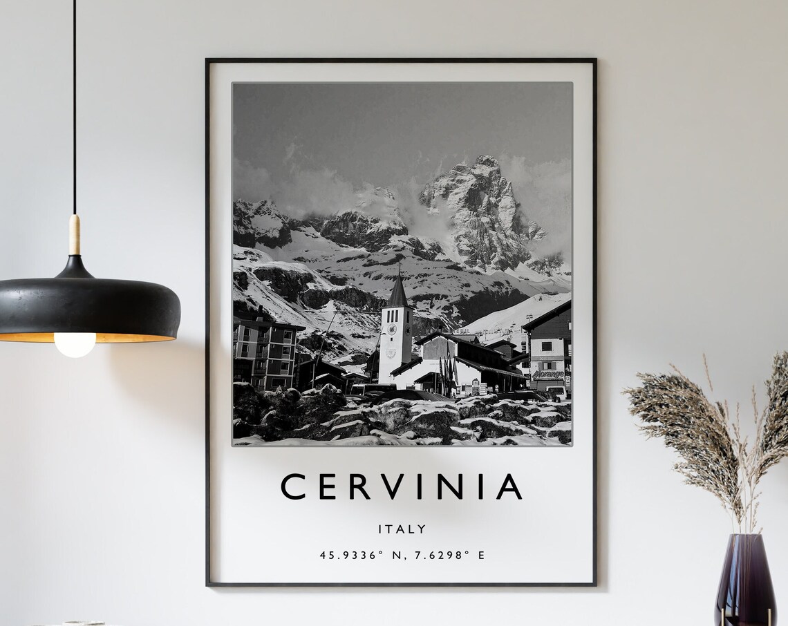 Cervinia Italy Black and White Alpine Ski Village Mountain Poster