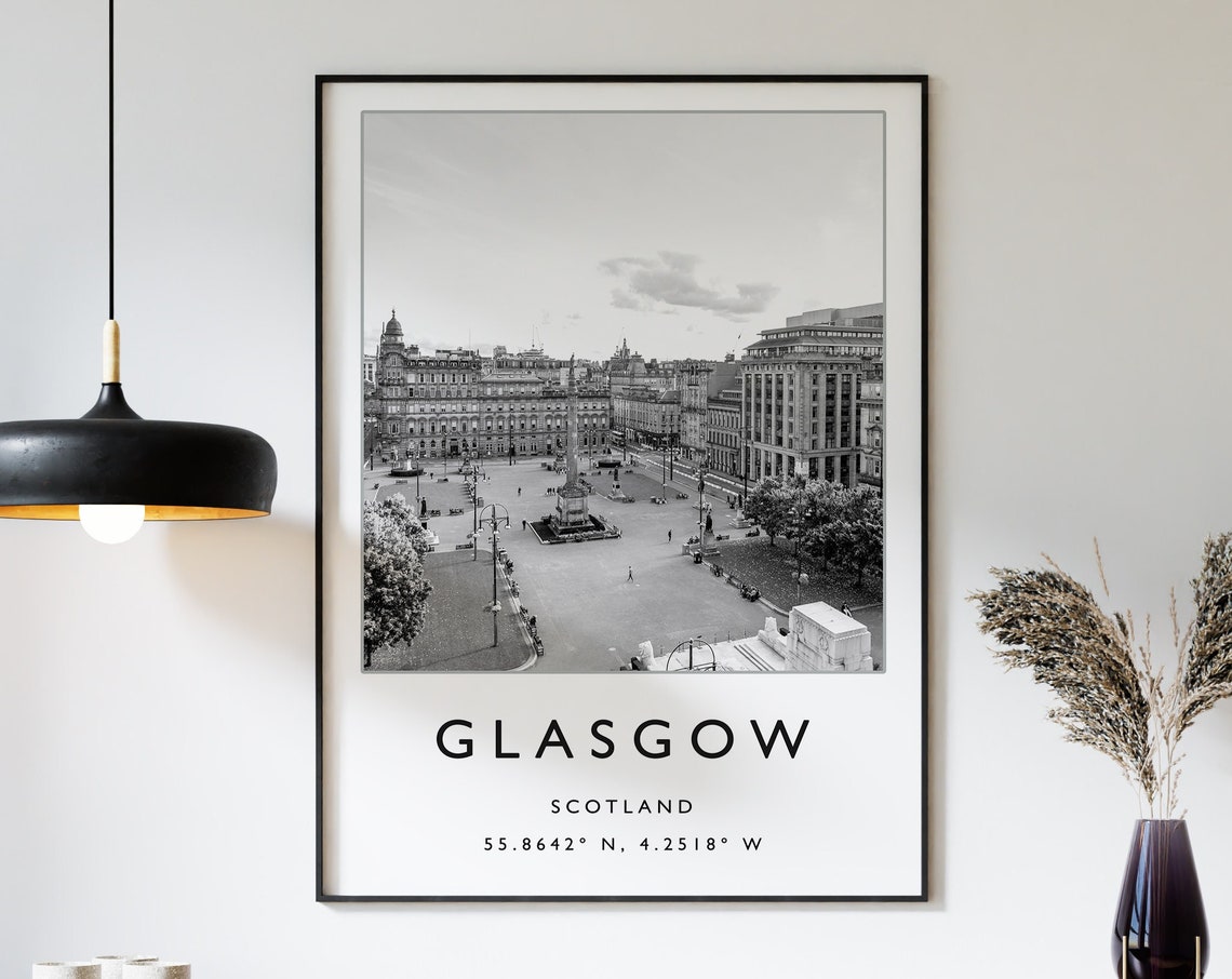 Glasgow Scotland Black and White George Square Photo Poster Art