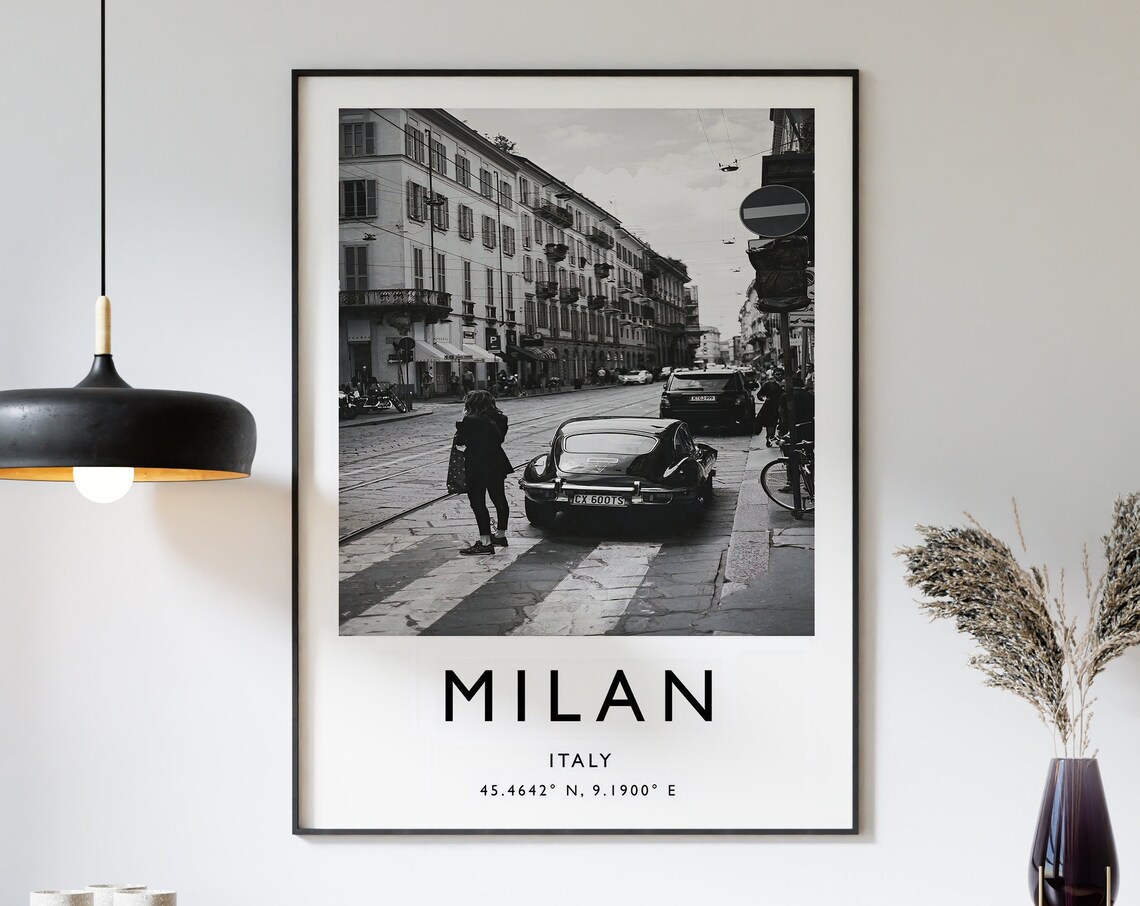 Milan Italy Black And White Classic Jaguar Street Photo Poster